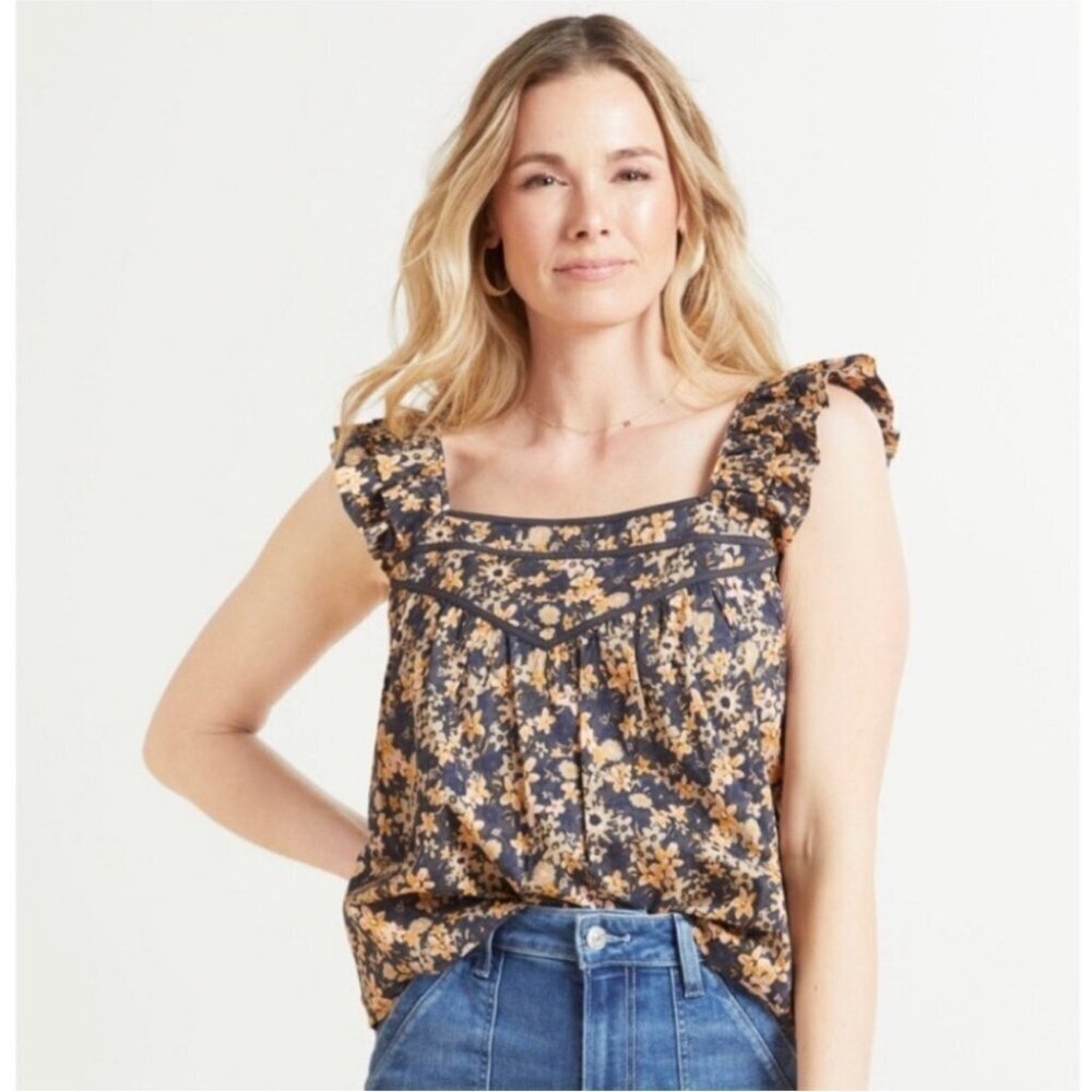Evereve Roan + Ryan Edith Floral Blue Ruffle Strap Tank Top | Size Large